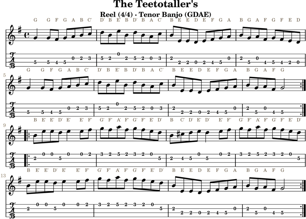 The Teetotaller’s in G Major — Reel | Tenor Banjo TAB & D Whistle Fingering