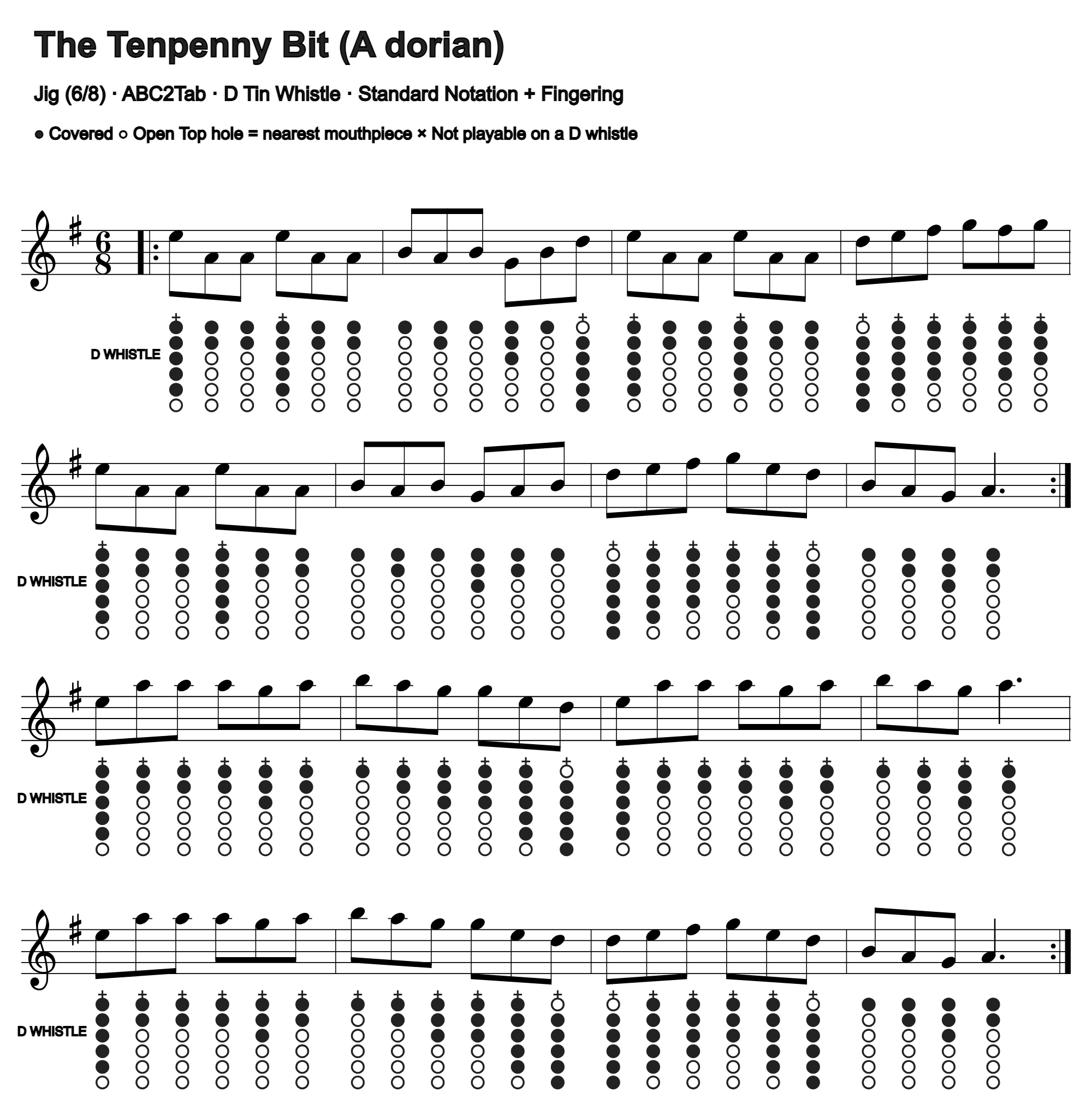 The Tenpenny Bit: standard notation and D tin whistle fingering, four measures per line