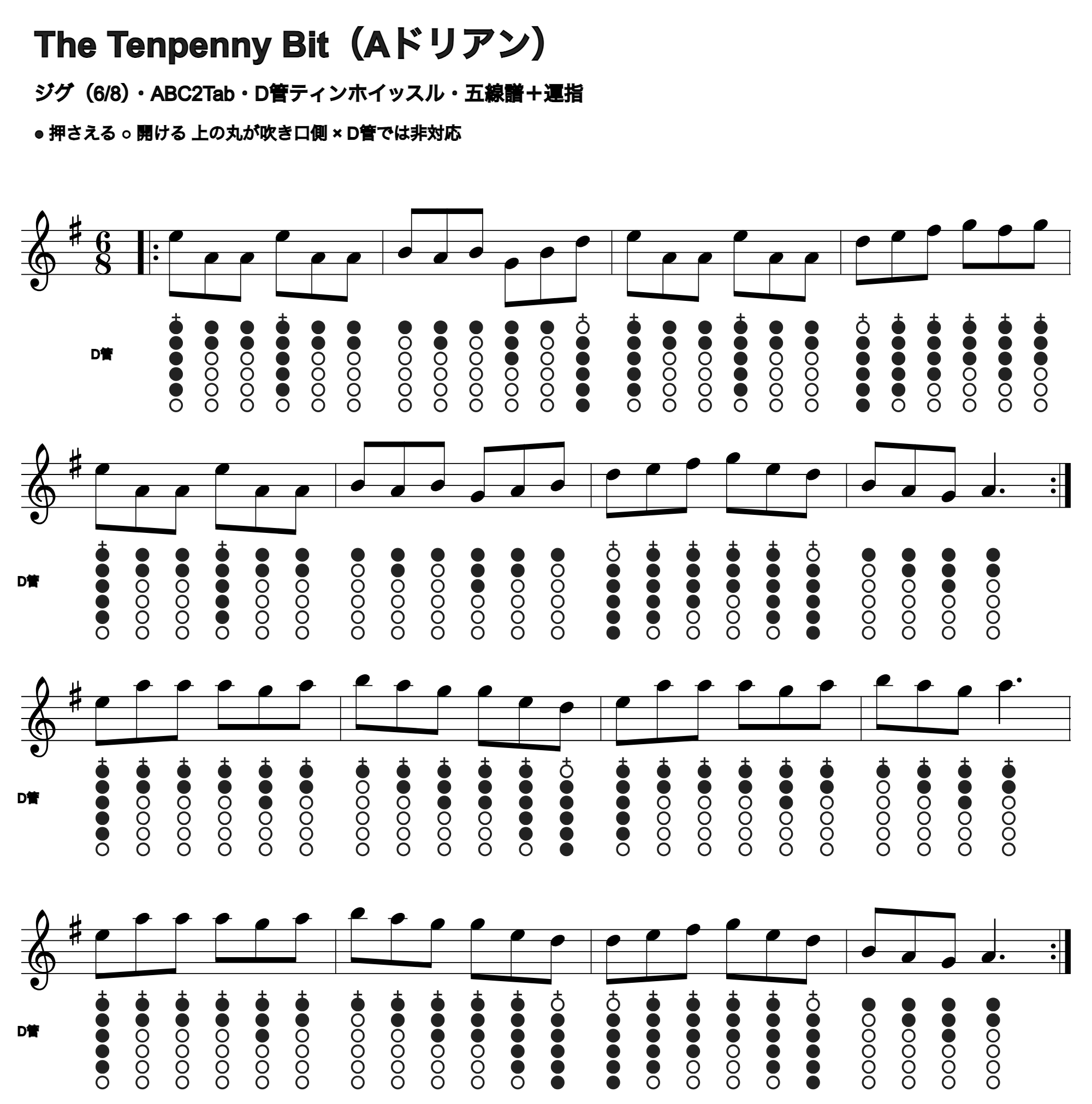 The Tenpenny Bitの五線譜とD管ホイッスル運指、1段4小節