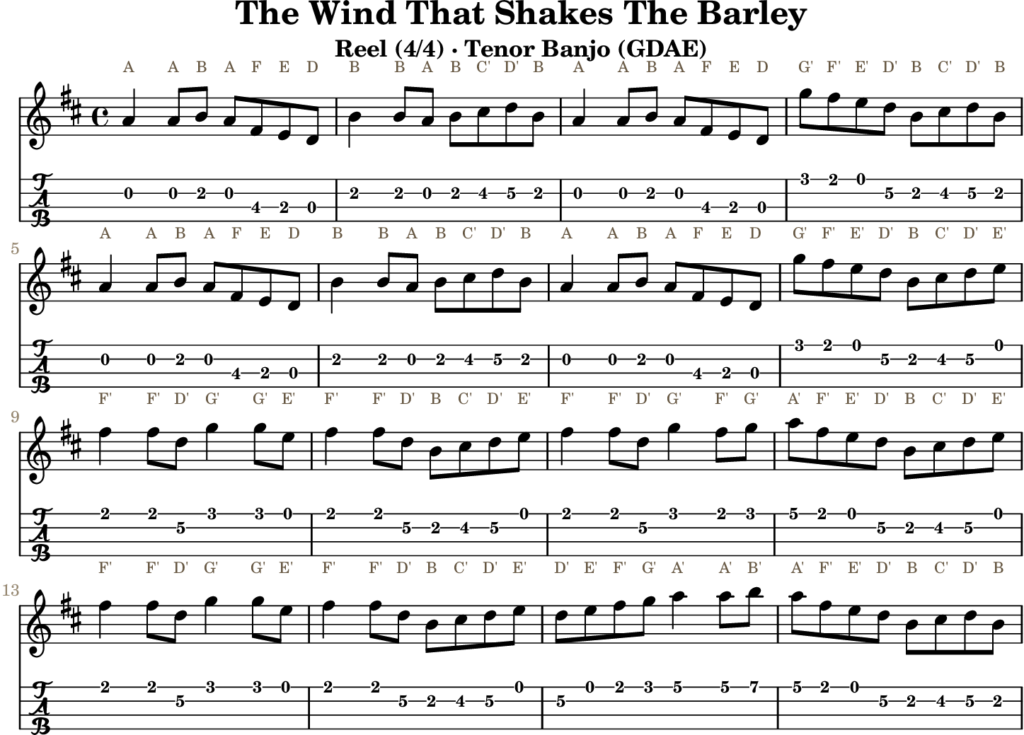 The Wind That Shakes The Barley in D Major — Reel | Tenor Banjo TAB & D Whistle Fingering
