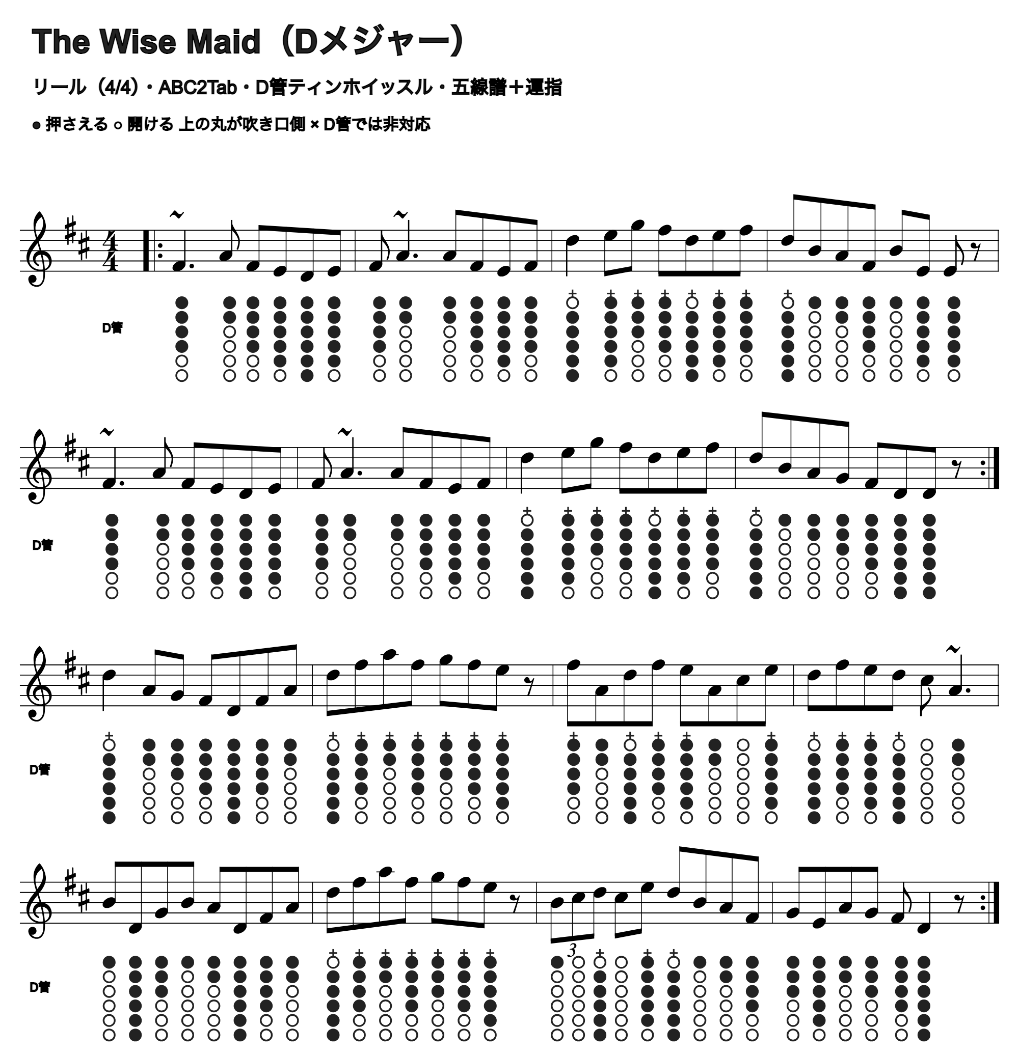 The Wise Maidの五線譜とD管ホイッスル運指、1段4小節