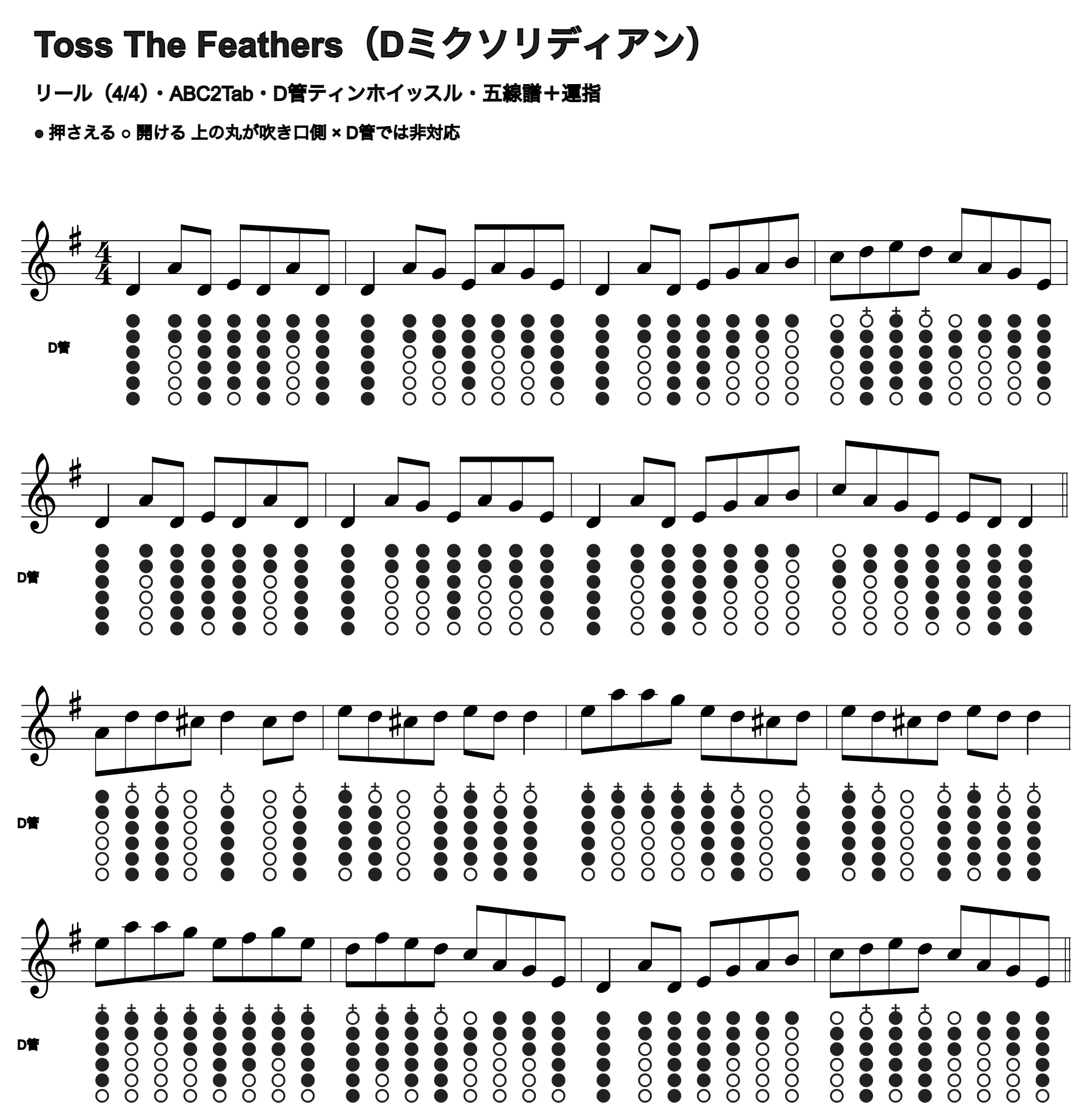 Toss The Feathersの五線譜とD管ホイッスル運指、1段4小節