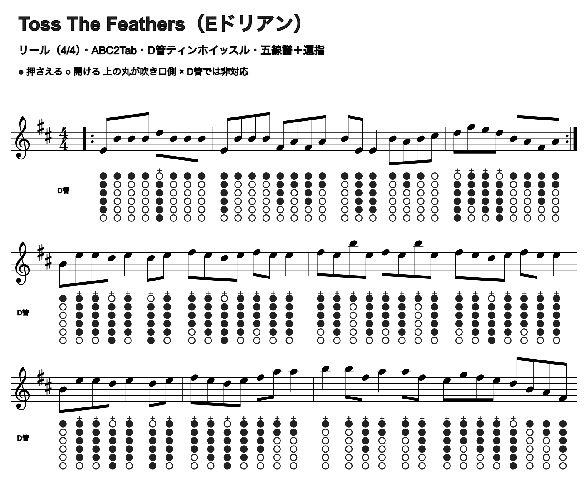 Toss The Feathersの五線譜とD管ホイッスル運指、1段4小節