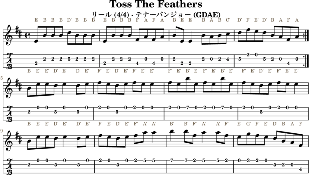 Toss The Feathers（Eドリアン・Reel）｜バンジョーTABとD管ホイッスル運指