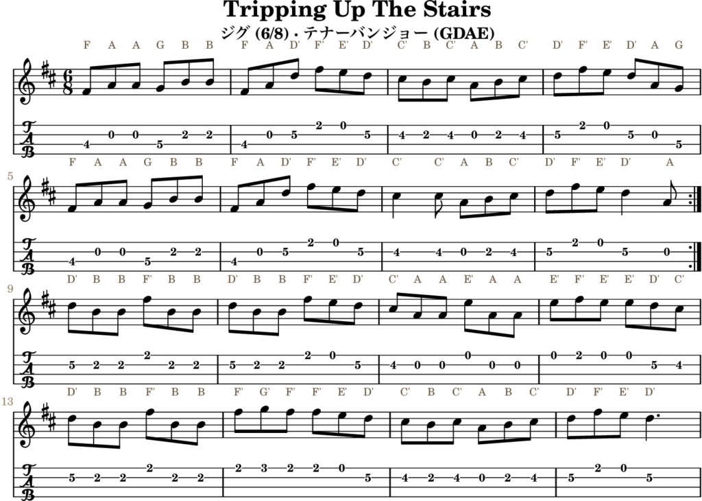 Tripping Up The Stairs（Dメジャー・Jig）｜バンジョーTABとD管ホイッスル運指