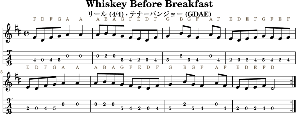 Whiskey Before Breakfast(Dメジャー・Reel)|バンジョーTABとD管ホイッスル運指