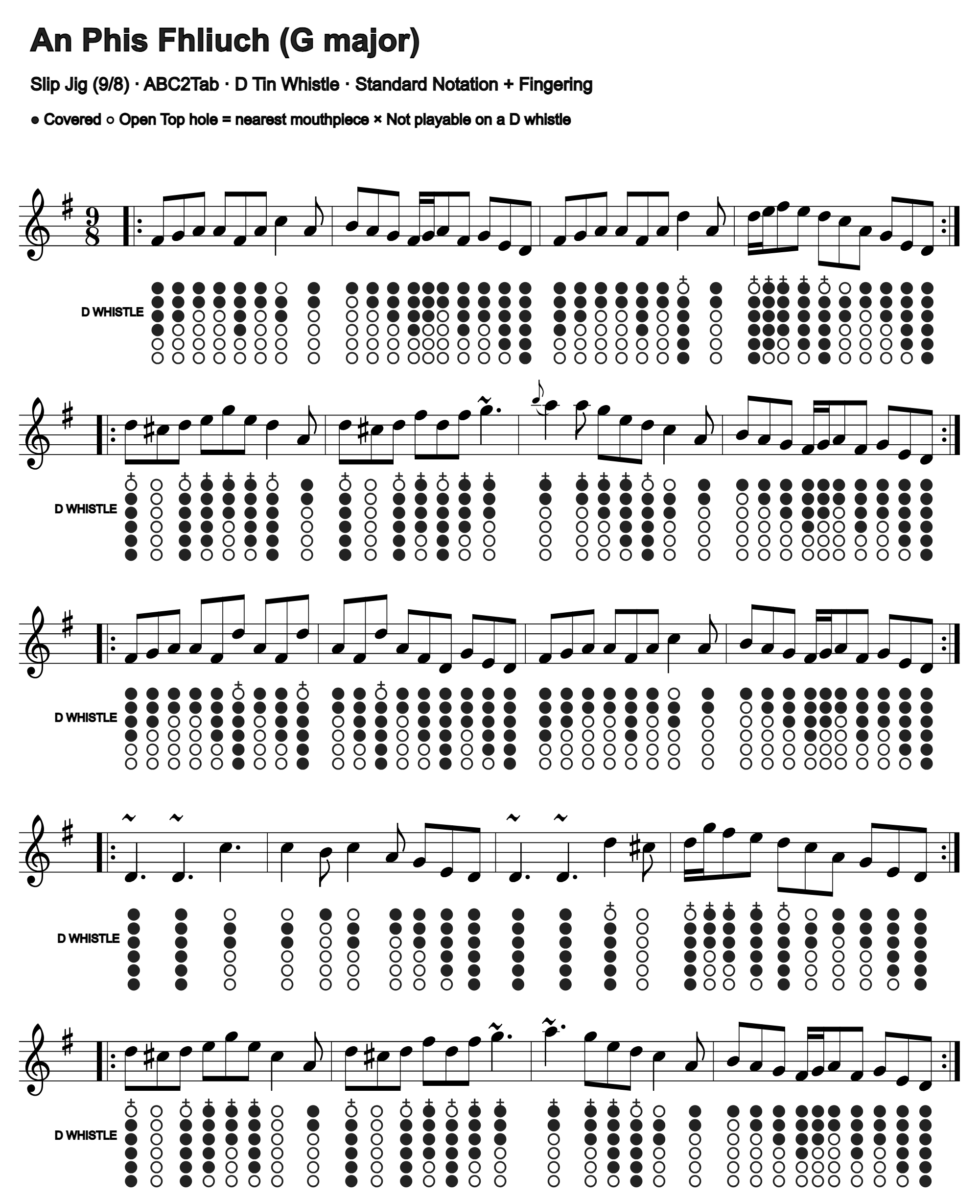 An Phis Fhliuch: standard notation and D tin whistle fingering, four measures per line