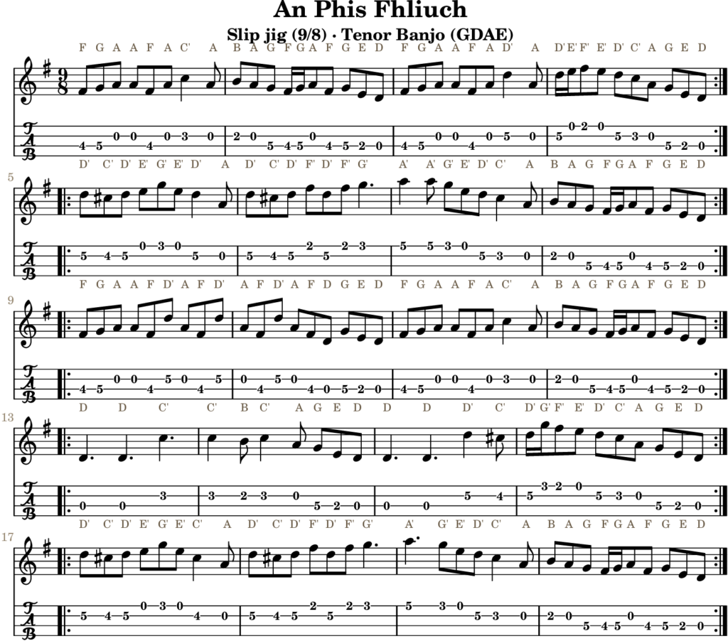 An Phis Fhliuch in G Major — Slip Jig | Tenor Banjo TAB & D Whistle Fingering