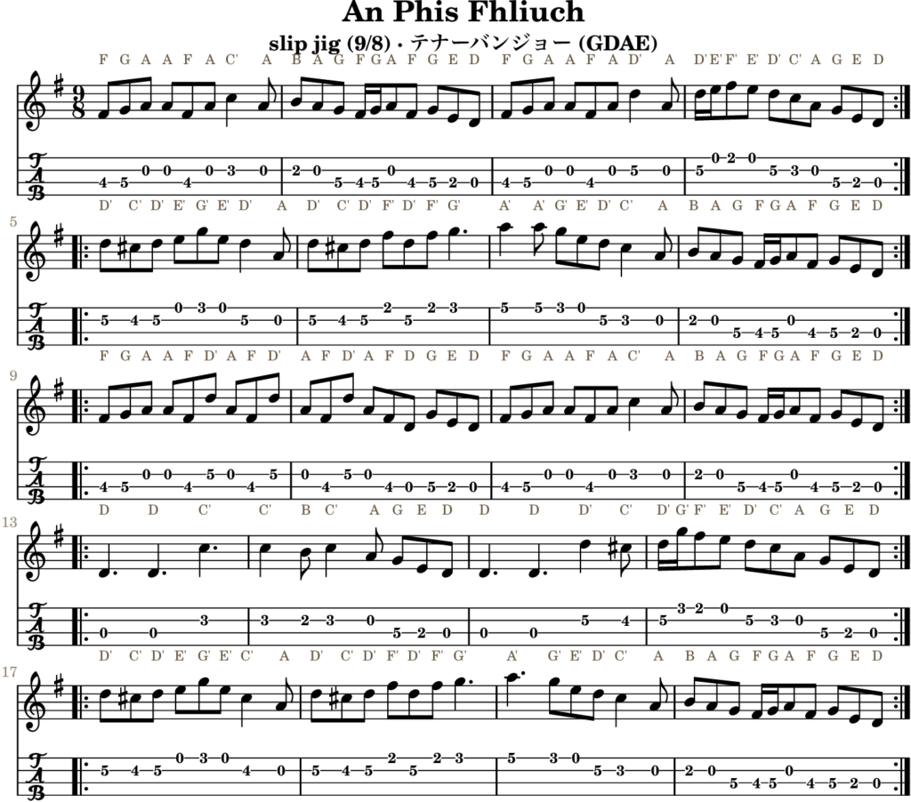 An Phis Fhliuch（Gメジャー・Slip Jig）｜バンジョーTABとD管ホイッスル運指