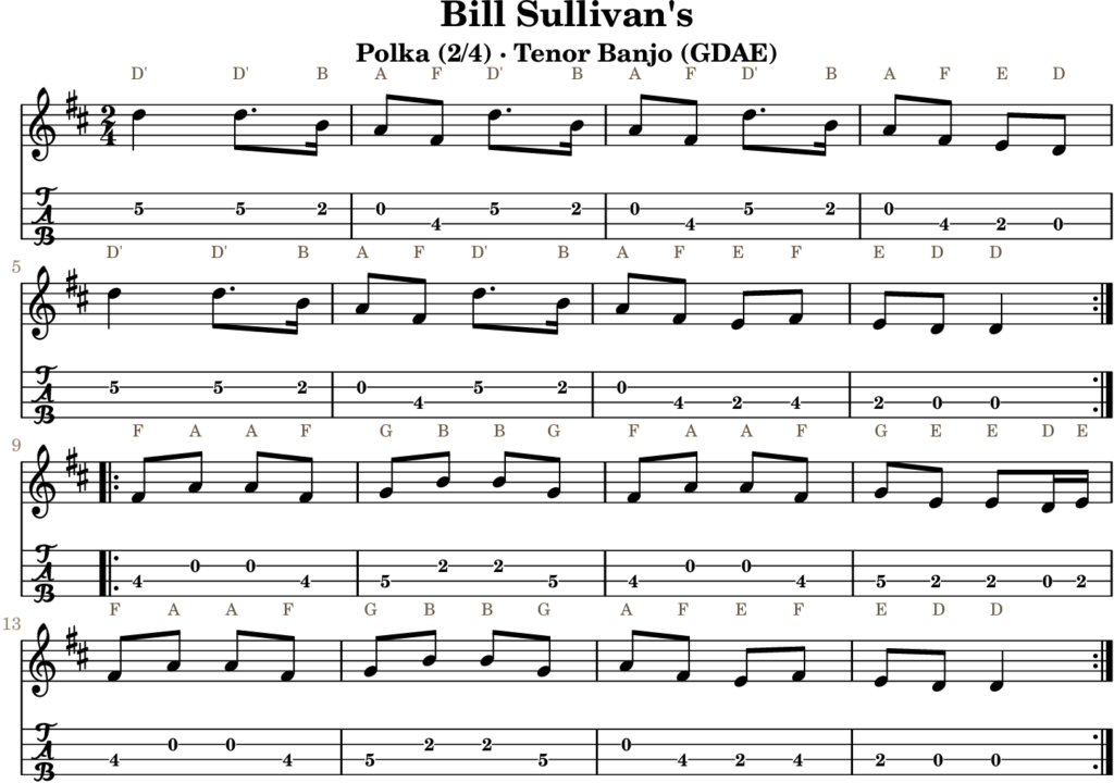 Bill Sullivan’s in D Major — Polka | Tenor Banjo TAB & D Whistle Fingering