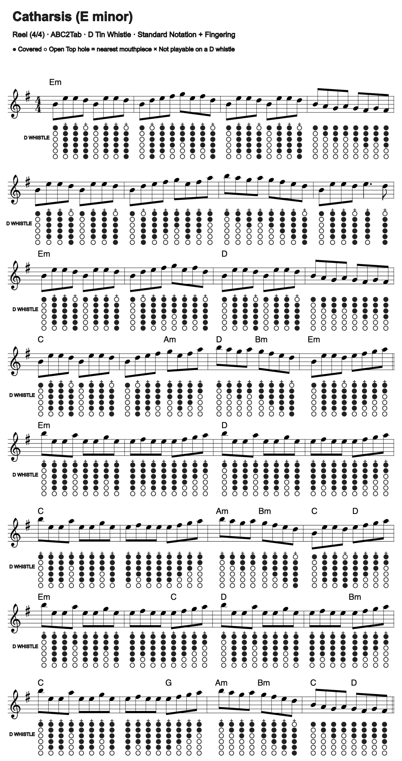 Catharsis: standard notation and D tin whistle fingering, four measures per line