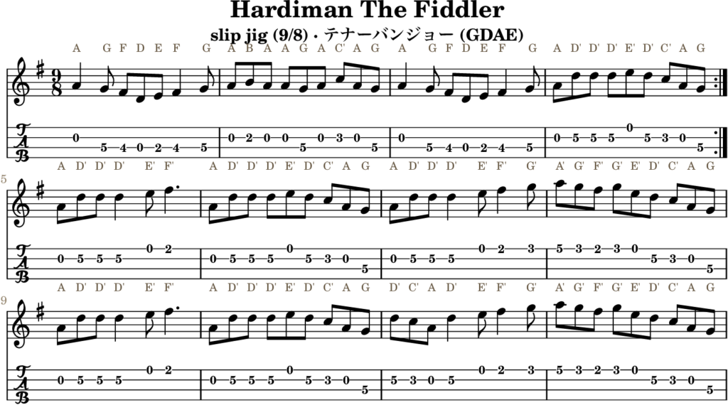 Hardiman The Fiddler(Dミクソリディアン・Slip Jig)|バンジョーTABとD管ホイッスル運指