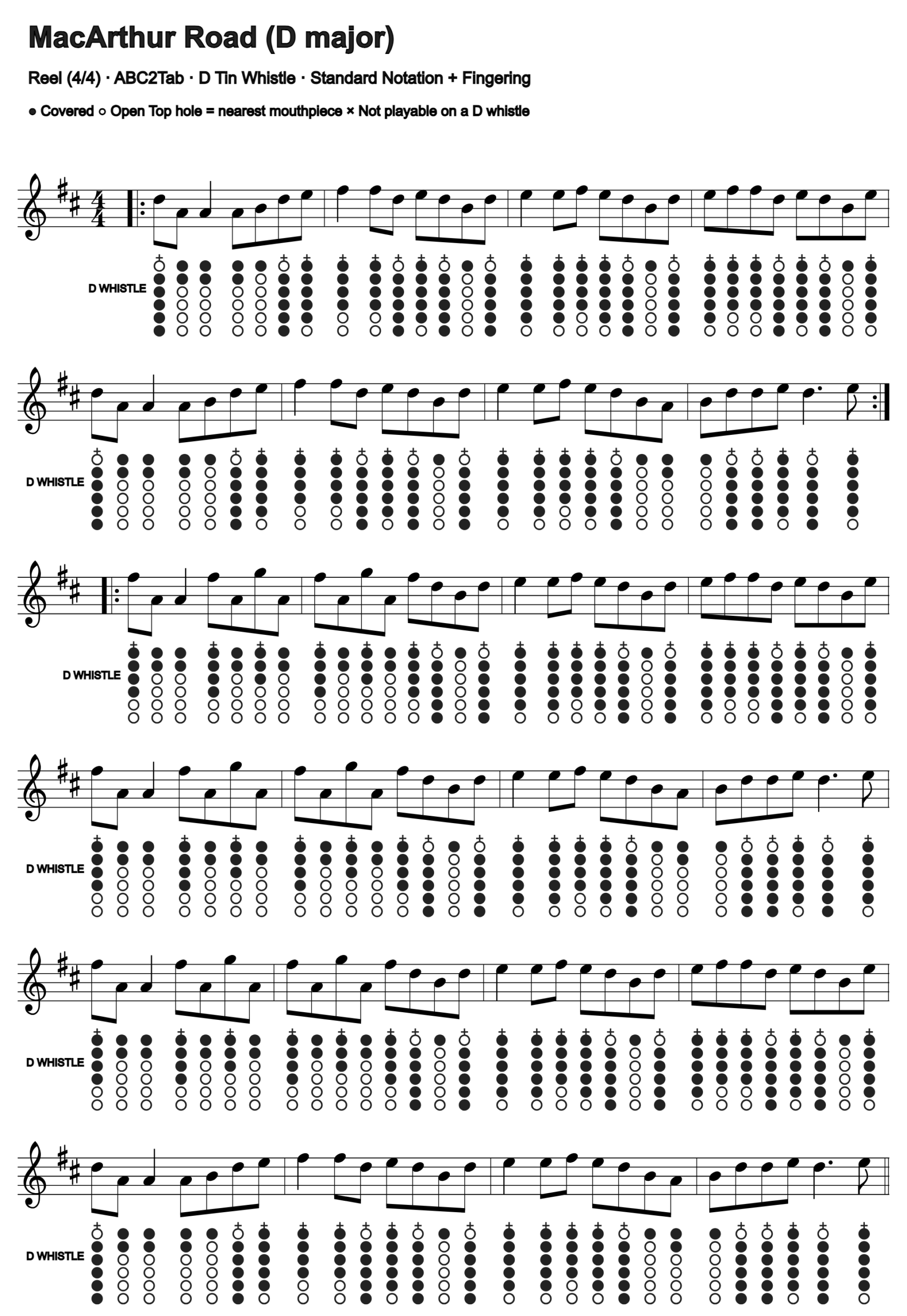 MacArthur Road: standard notation and D tin whistle fingering, four measures per line