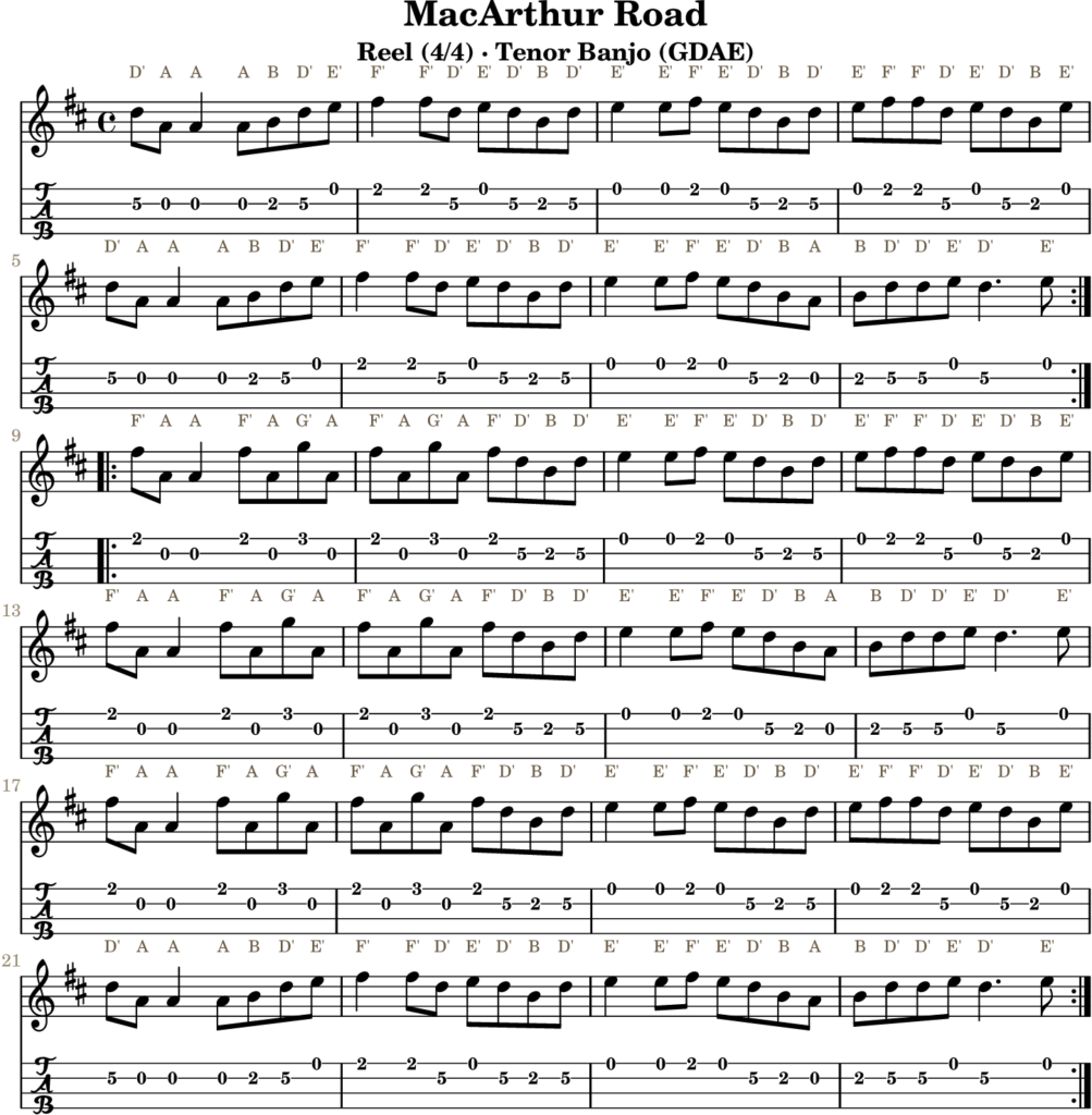 MacArthur Road in D Major — Reel | Tenor Banjo TAB & D Whistle Fingering