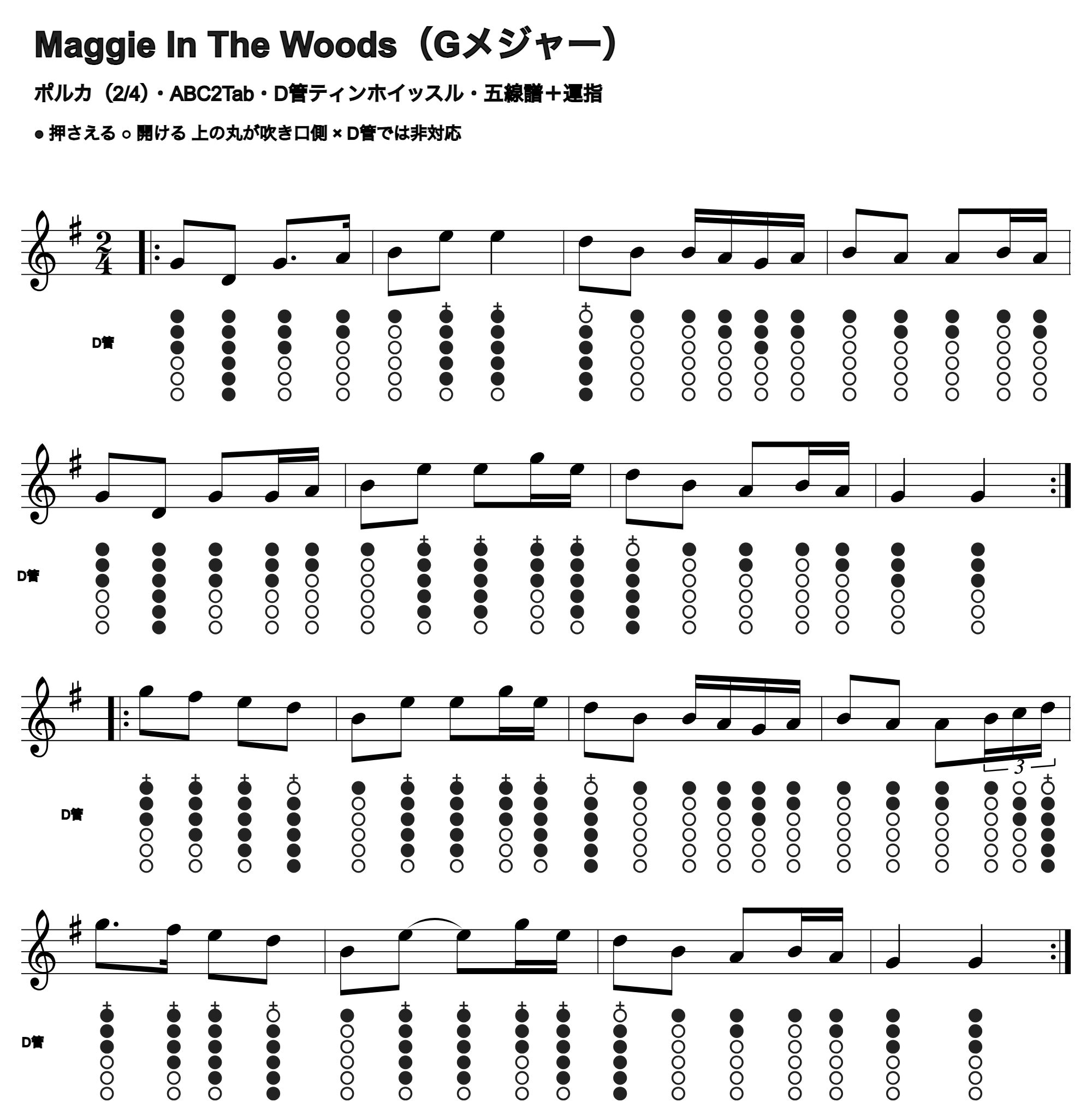 Maggie In The Woodsの五線譜とD管ホイッスル運指、1段4小節
