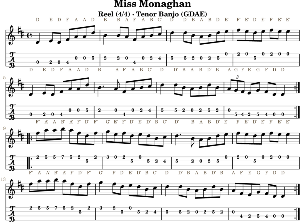 Miss Monaghan in D Major — Reel | Tenor Banjo TAB & D Whistle Fingering