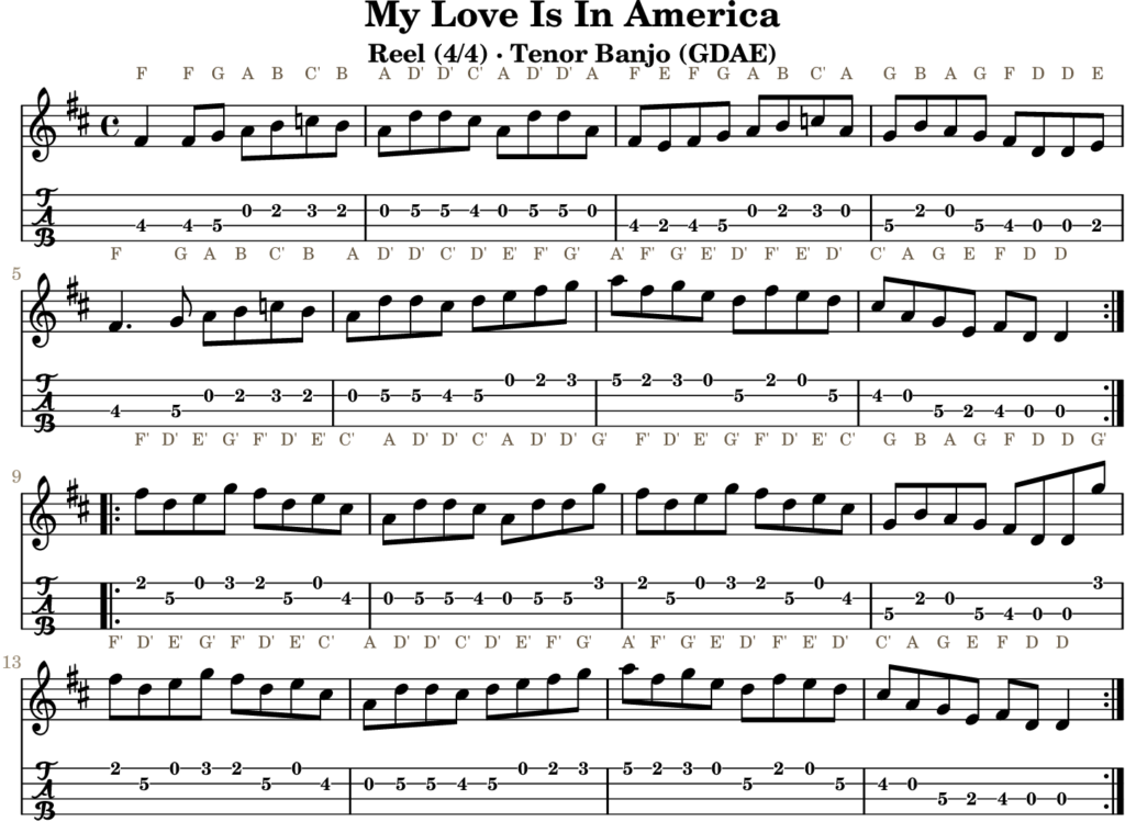 My Love Is In America in D Major — Reel | Tenor Banjo TAB & D Whistle Fingering