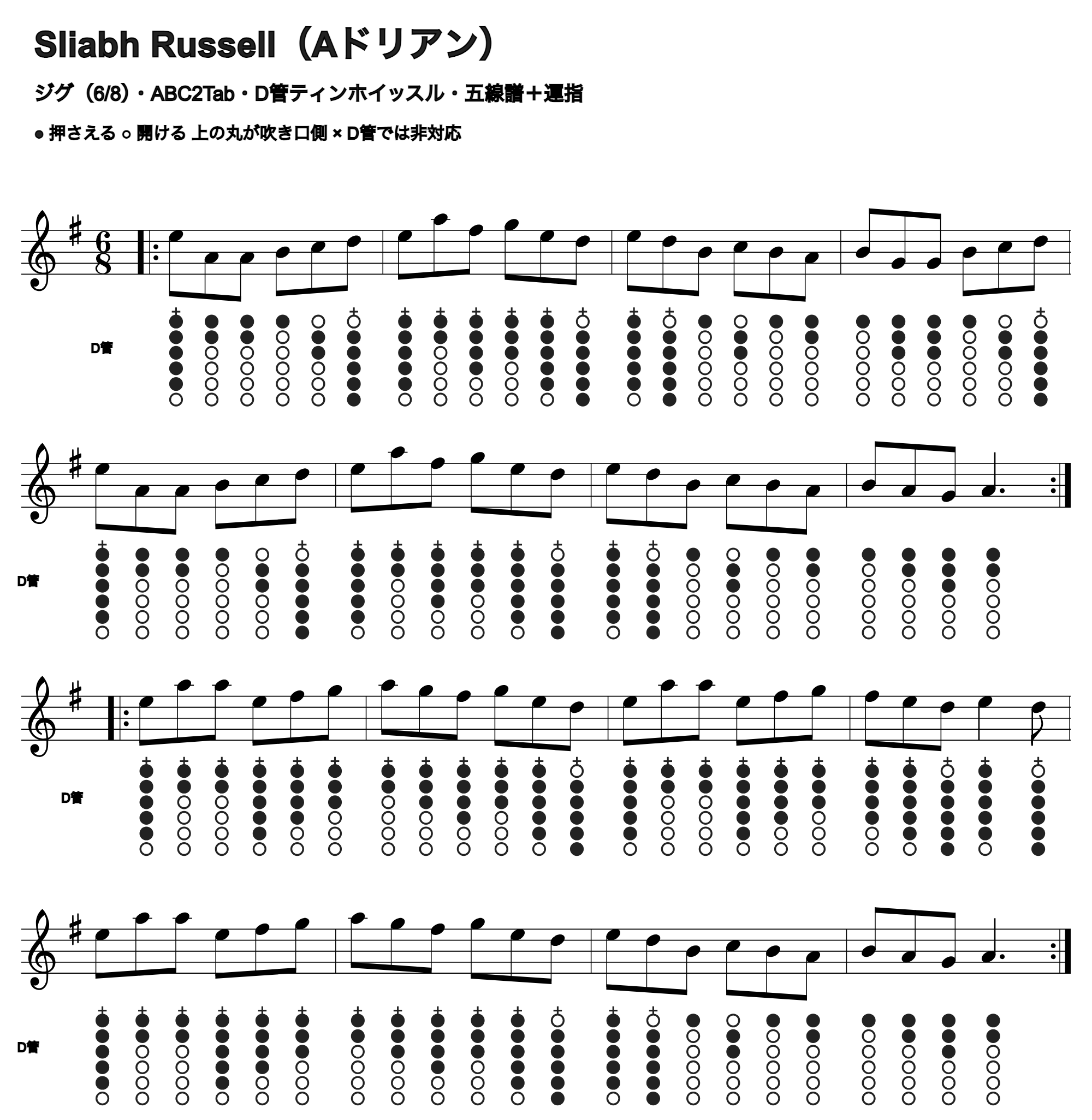 Sliabh Russellの五線譜とD管ホイッスル運指、1段4小節