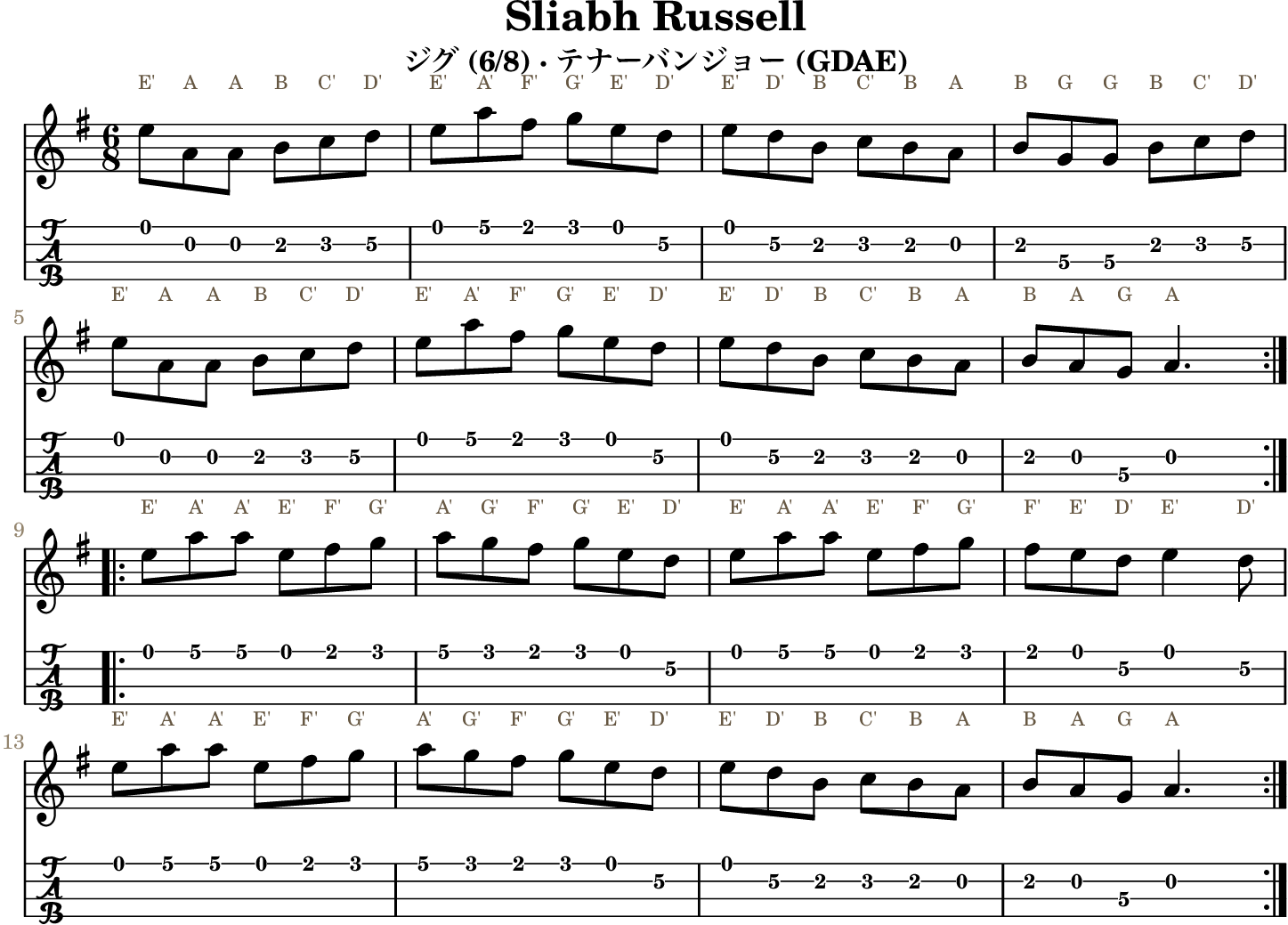 Sliabh Russell GDAE tenor banjo TAB, four measures per line