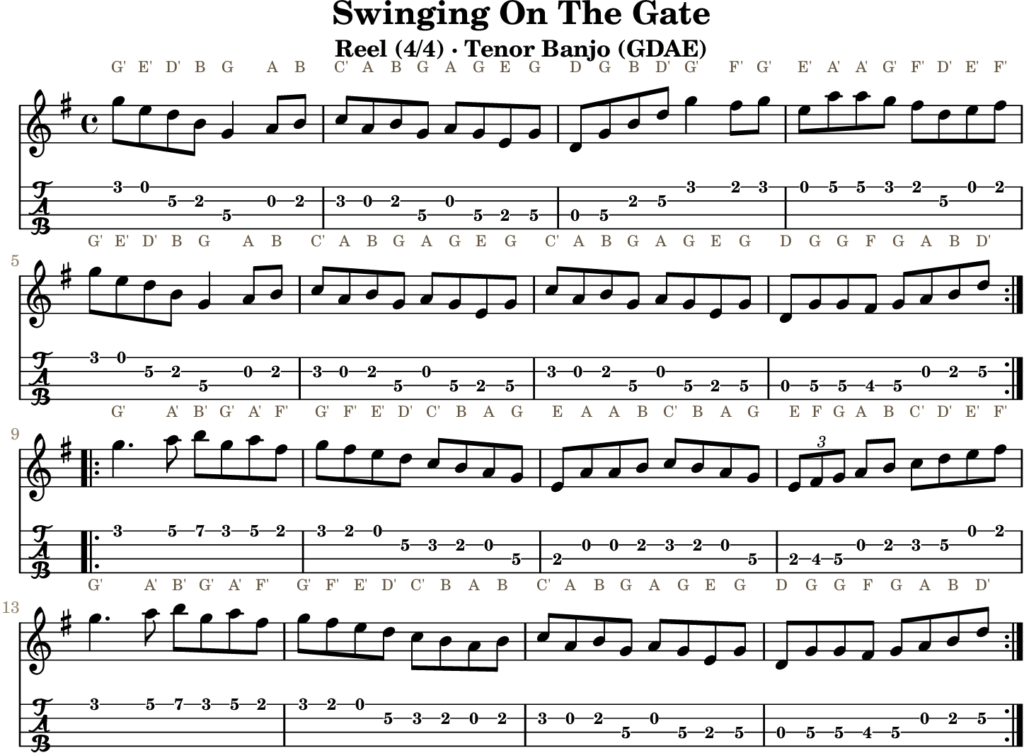 Swinging On The Gate in G Major — Reel | Tenor Banjo TAB & D Whistle Fingering