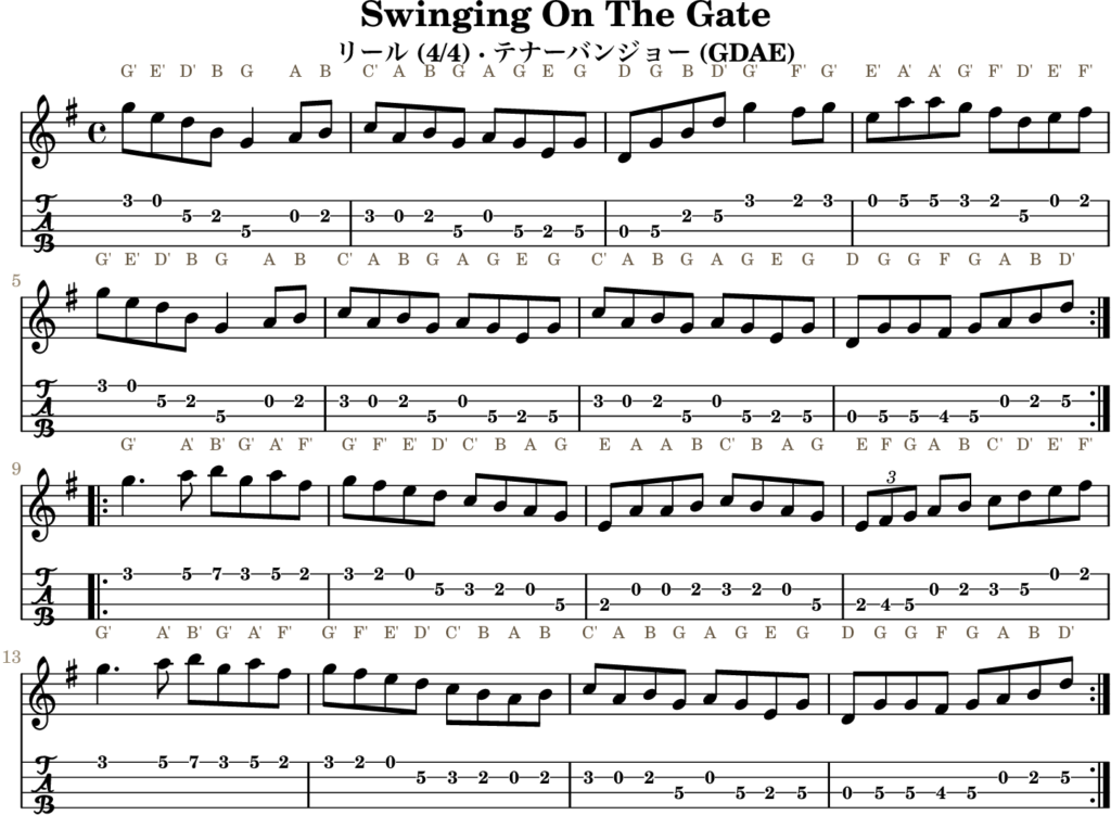 Swinging On The Gate（Gメジャー・Reel）｜バンジョーTABとD管ホイッスル運指
