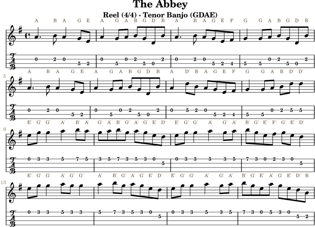 The Abbey in A Dorian — Reel | Tenor Banjo TAB & D Whistle Fingering