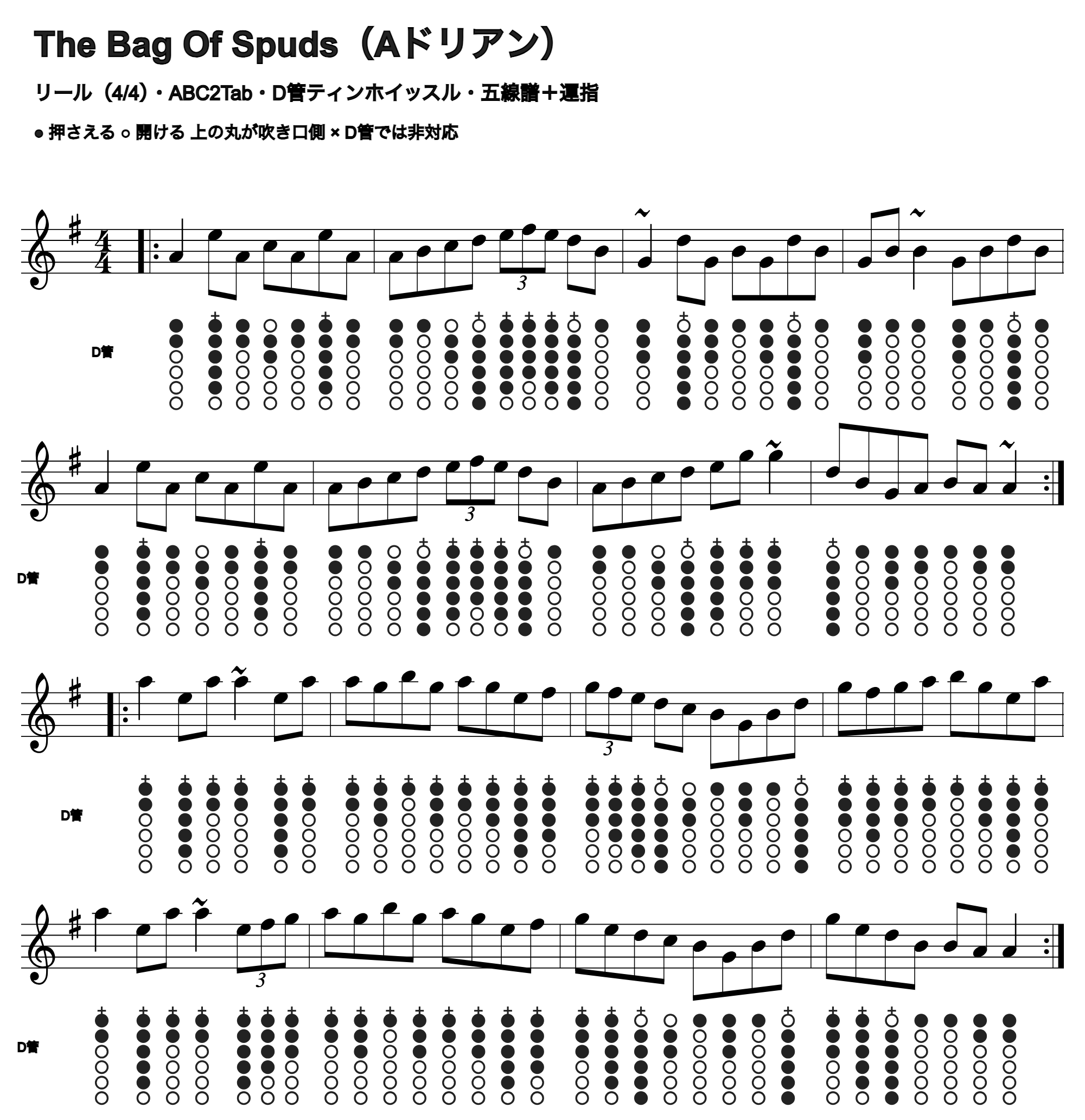 The Bag Of Spudsの五線譜とD管ホイッスル運指、1段4小節