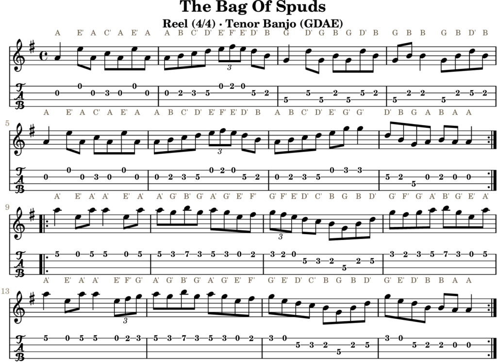 The Bag Of Spuds in A Dorian — Reel | Tenor Banjo TAB & D Whistle Fingering