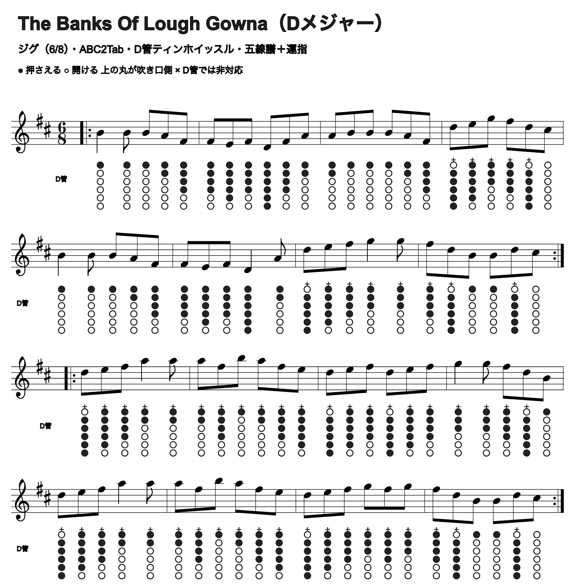The Banks Of Lough Gownaの五線譜とD管ホイッスル運指、1段4小節