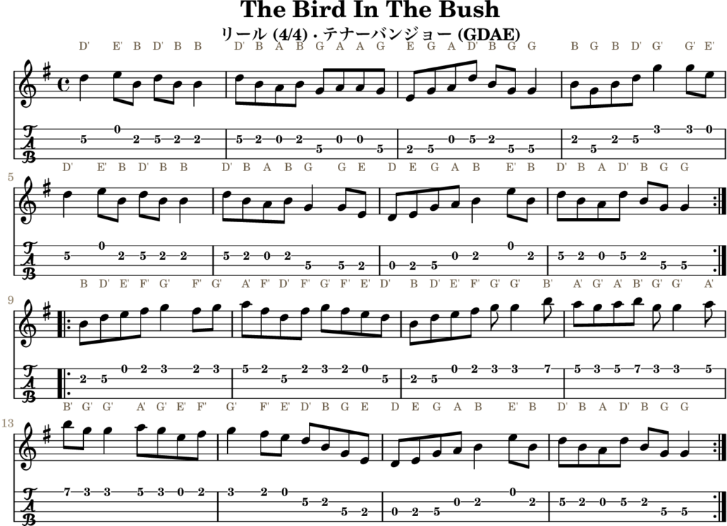 The Bird In The Bush（Gメジャー・Reel）｜バンジョーTABとD管ホイッスル運指