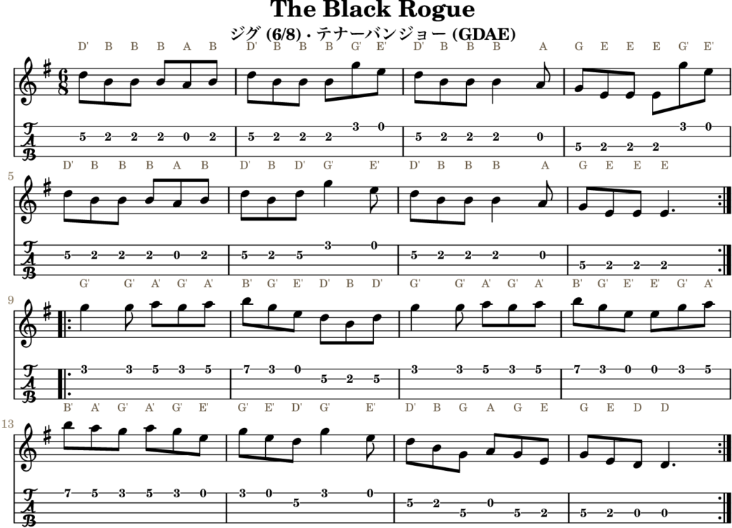The Black Rogue（Gメジャー・Jig）｜バンジョーTABとD管ホイッスル運指