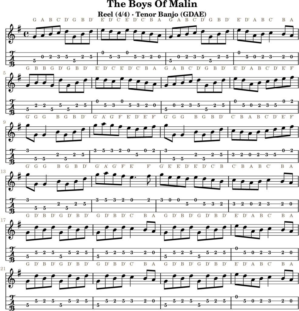 The Boys Of Malin in G Major — Reel | Tenor Banjo TAB & D Whistle Fingering