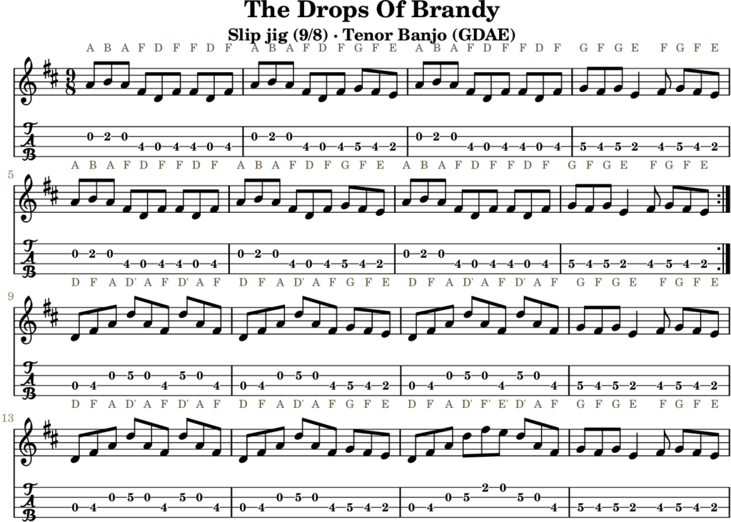 The Drops Of Brandy in D Major — Slip Jig | Tenor Banjo TAB & D Whistle Fingering