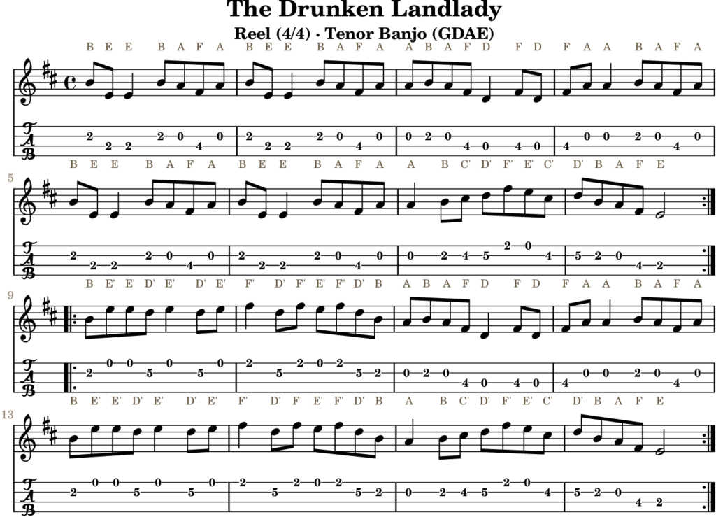 The Drunken Landlady in E Dorian — Reel | Tenor Banjo TAB & D Whistle Fingering