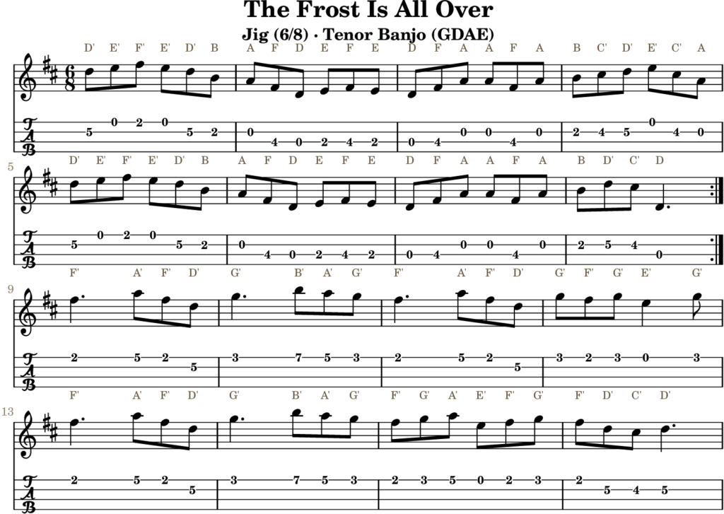 The Frost Is All Over in D Major — Jig | Tenor Banjo TAB & D Whistle Fingering