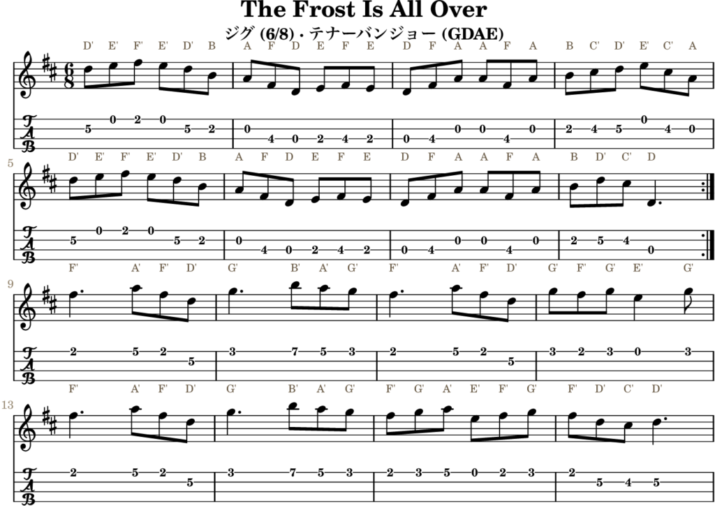 The Frost Is All Over(Dメジャー・Jig)|バンジョーTABとD管ホイッスル運指