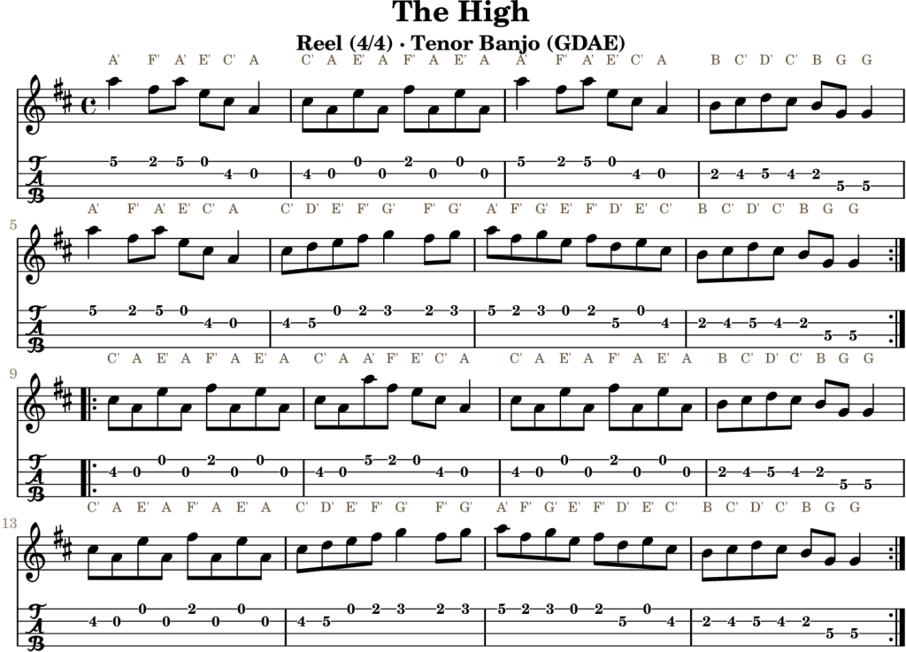The High in A Mixolydian — Reel | Tenor Banjo TAB & D Whistle Fingering