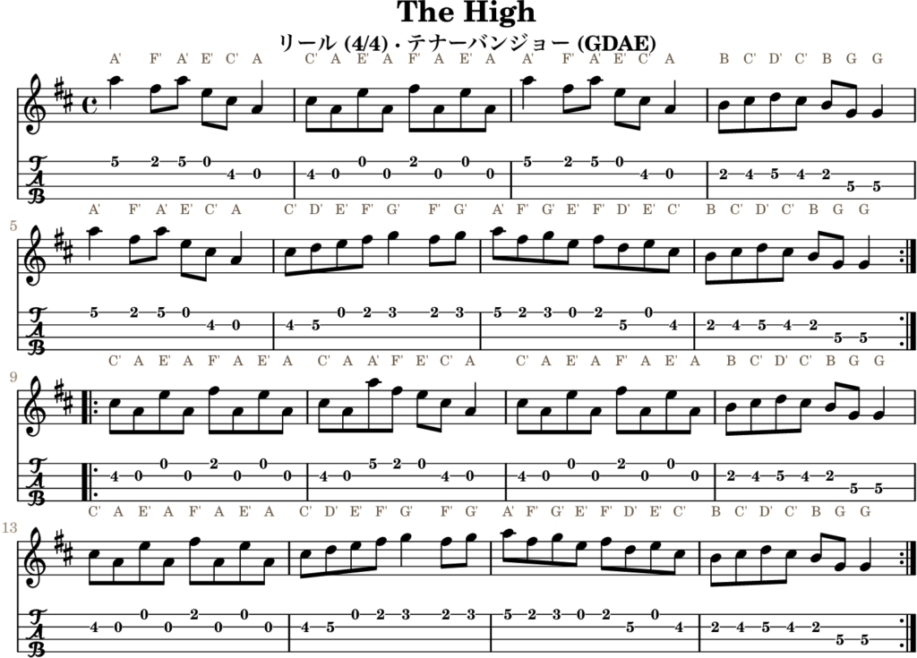 The High（Aミクソリディアン・Reel）｜バンジョーTABとD管ホイッスル運指