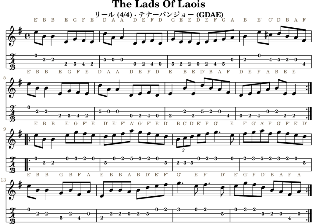The Lads Of Laois（Eマイナー・Reel）｜バンジョーTABとD管ホイッスル運指