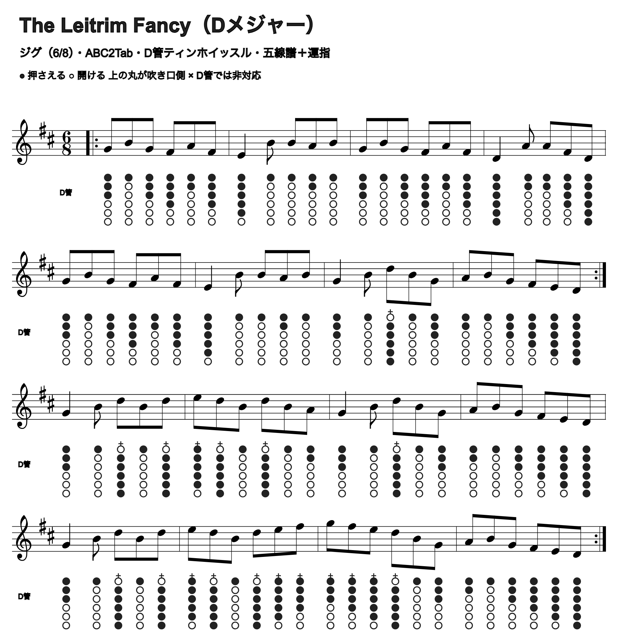 The Leitrim Fancyの五線譜とD管ホイッスル運指、1段4小節