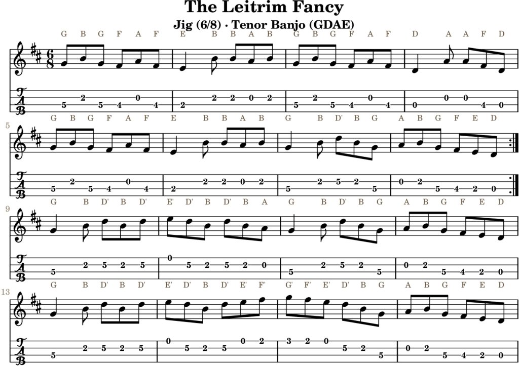 The Leitrim Fancy in D Major — Jig | Tenor Banjo TAB & D Whistle Fingering