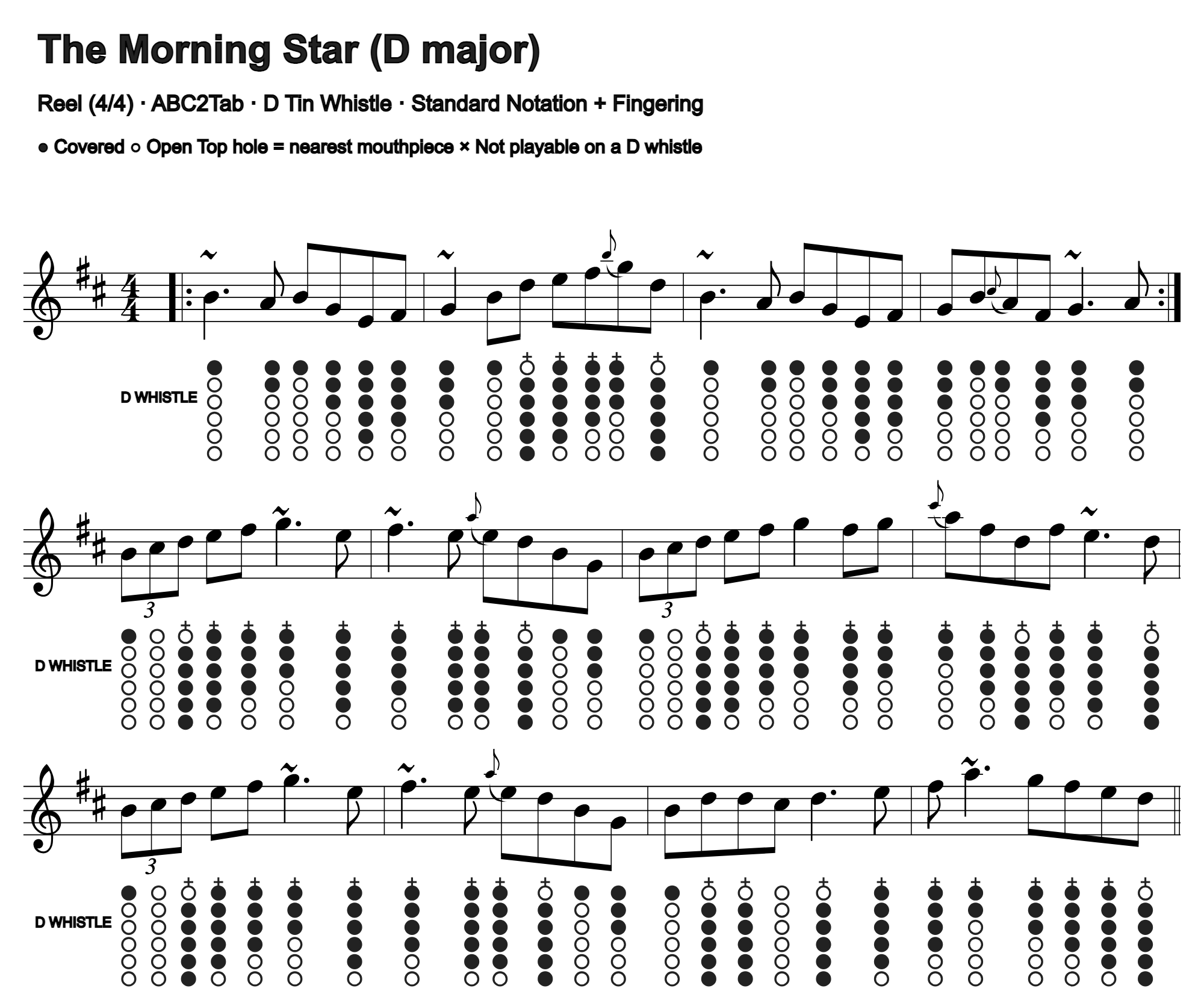 The Morning Star: standard notation and D tin whistle fingering, four measures per line