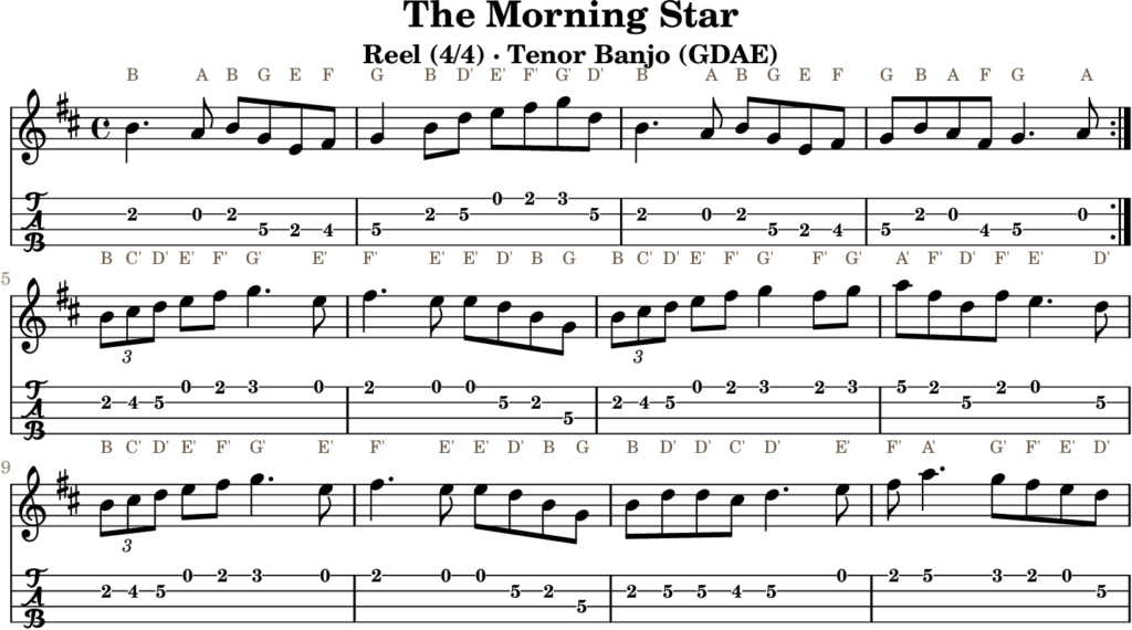 The Morning Star in D Major — Reel | Tenor Banjo TAB & D Whistle Fingering