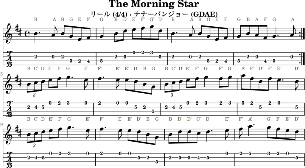 The Morning Star(Dメジャー・Reel)|バンジョーTABとD管ホイッスル運指