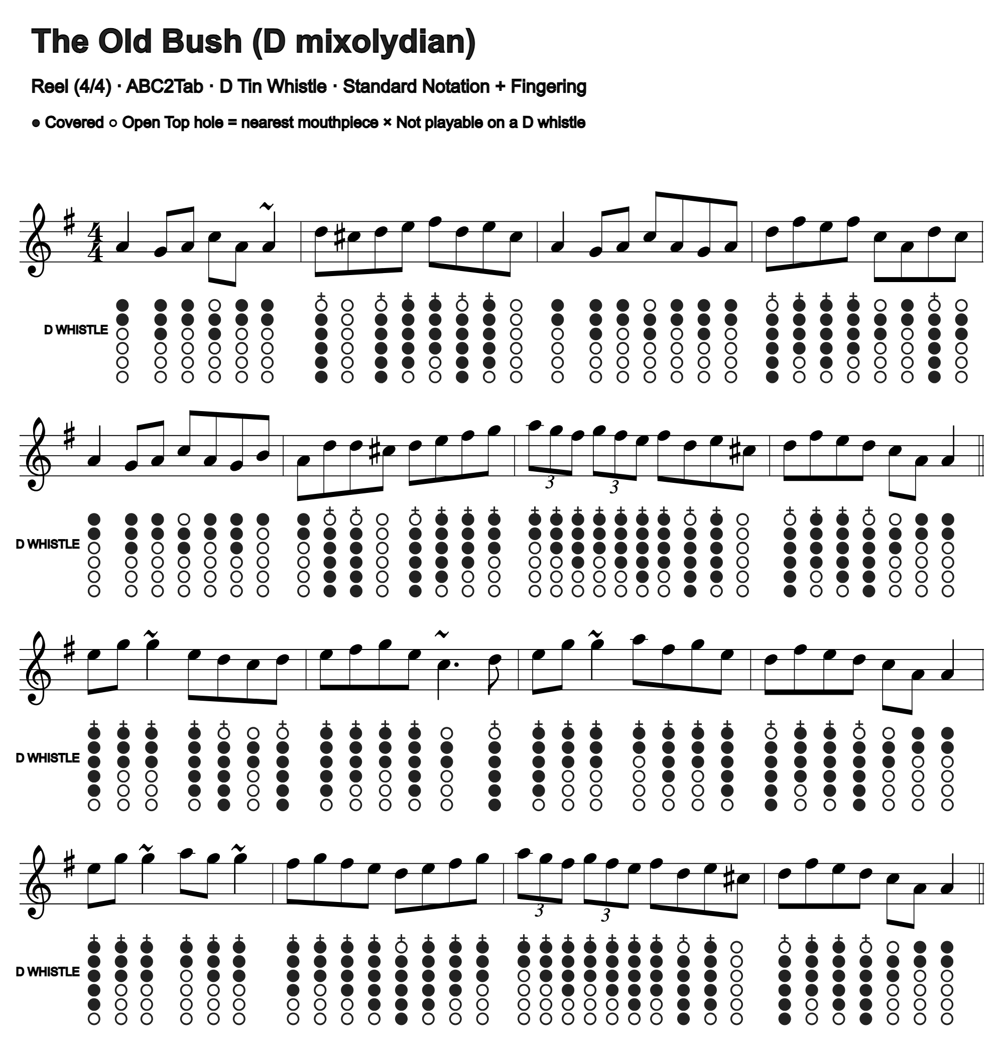 The Old Bush: standard notation and D tin whistle fingering, four measures per line