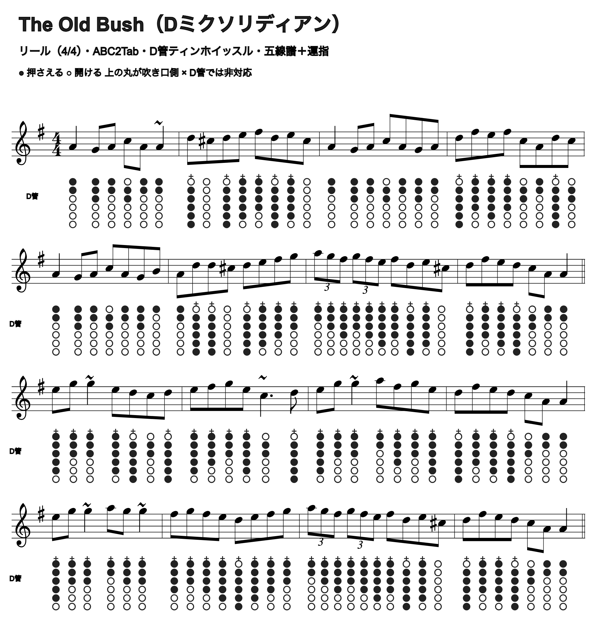 The Old Bushの五線譜とD管ホイッスル運指、1段4小節