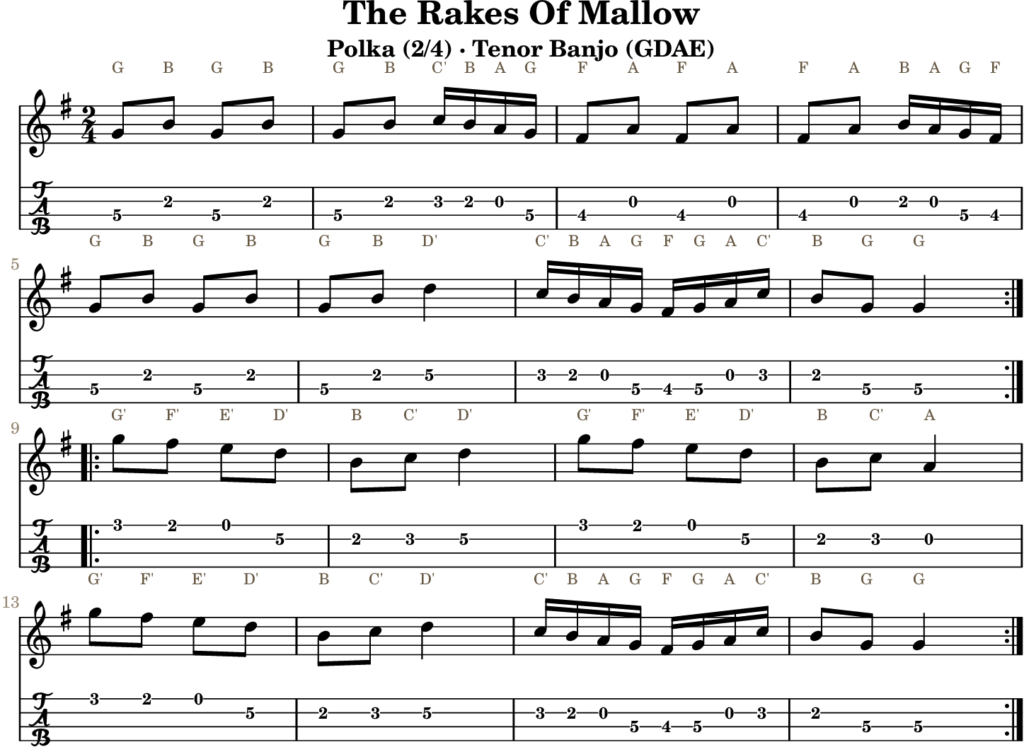 The Rakes Of Mallow in G Major — Polka | Tenor Banjo TAB & D Whistle Fingering