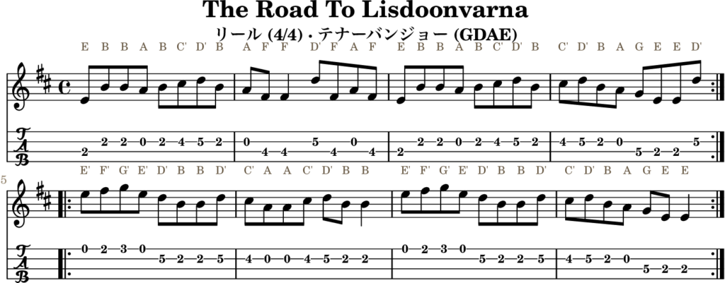 The Road To Lisdoonvarna（Eドリアン・Reel）｜バンジョーTABとD管ホイッスル運指