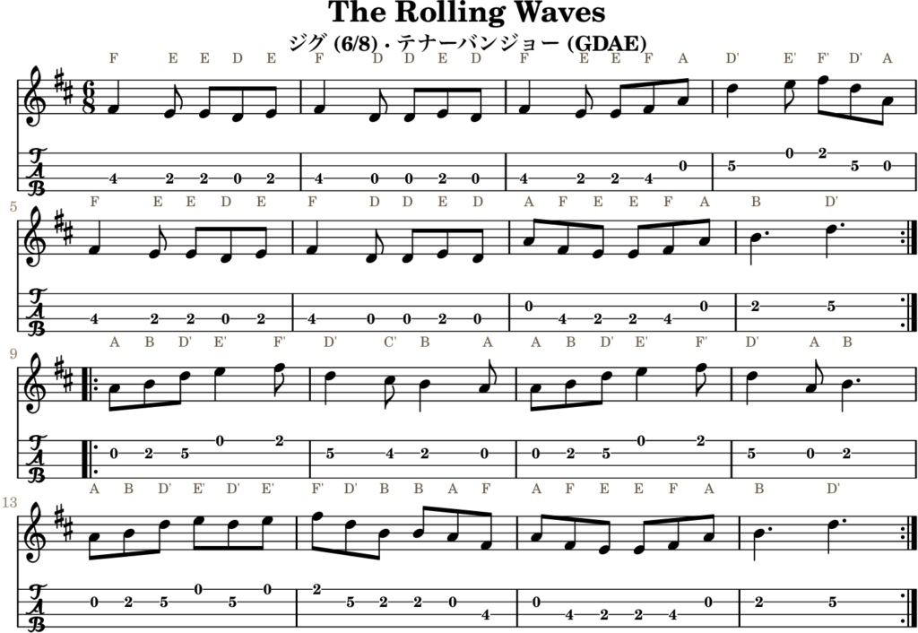 The Rolling Waves(Dメジャー・Jig)|バンジョーTABとD管ホイッスル運指