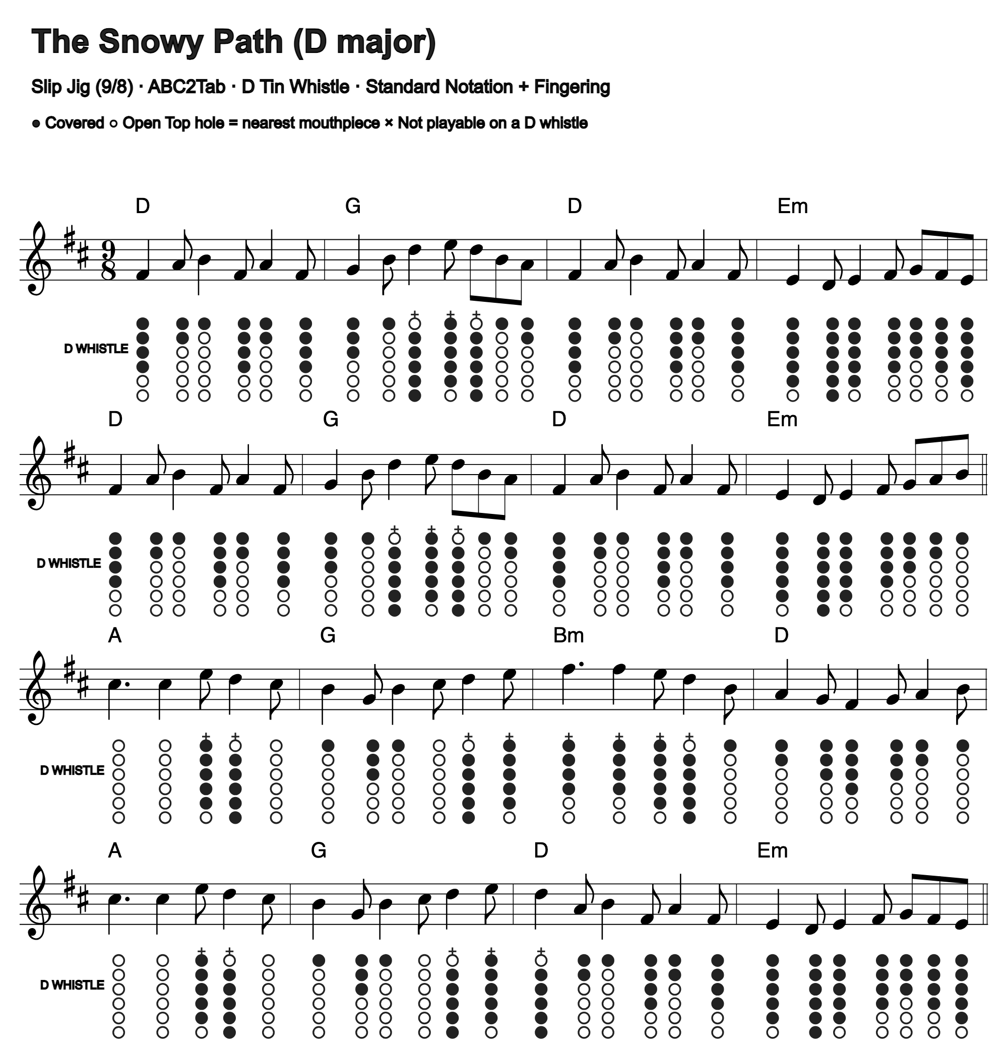 The Snowy Path: standard notation and D tin whistle fingering, four measures per line